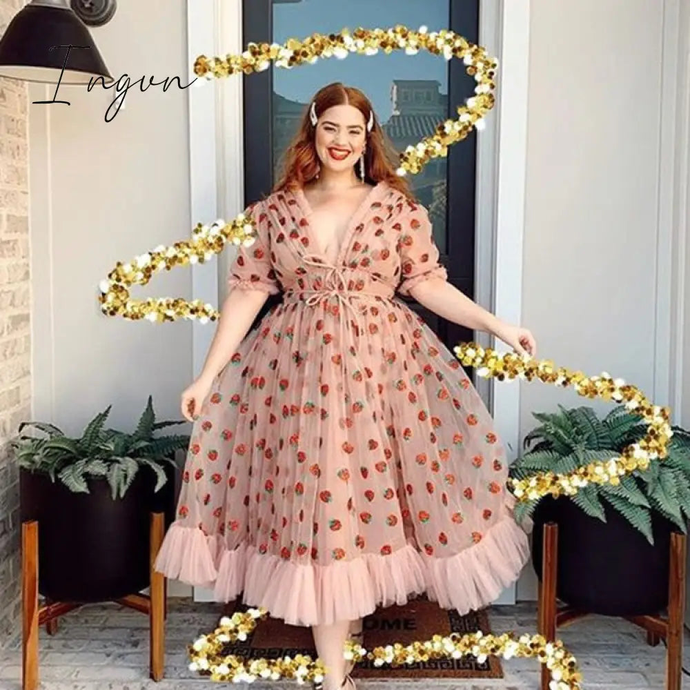 Ingvn - Spring S-5XL Sexy V-Neck Strawberry Pink Mesh Lace Pleated Belt Girly Style Cute  Plus Size High Waist Long Dress