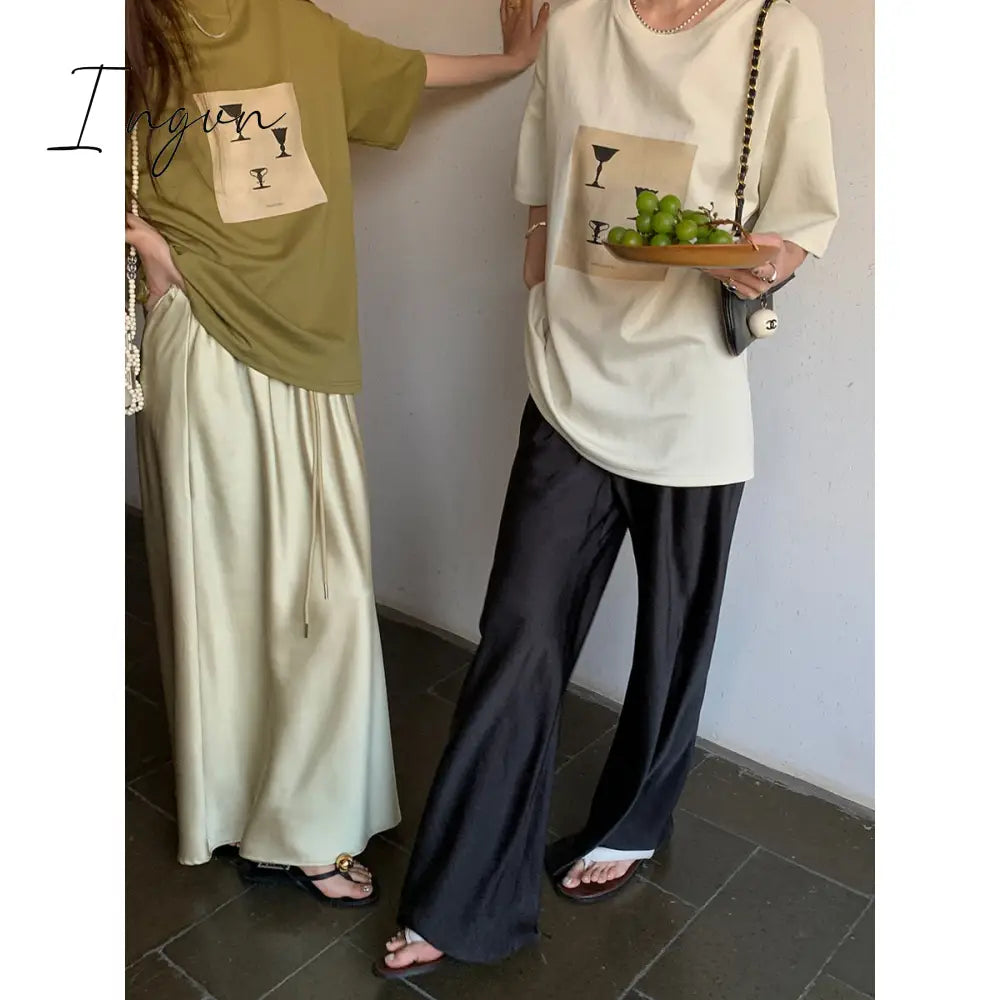 Ingvn - Satin Wide Leg Pants Long Floor Casual Pants Women's Summer