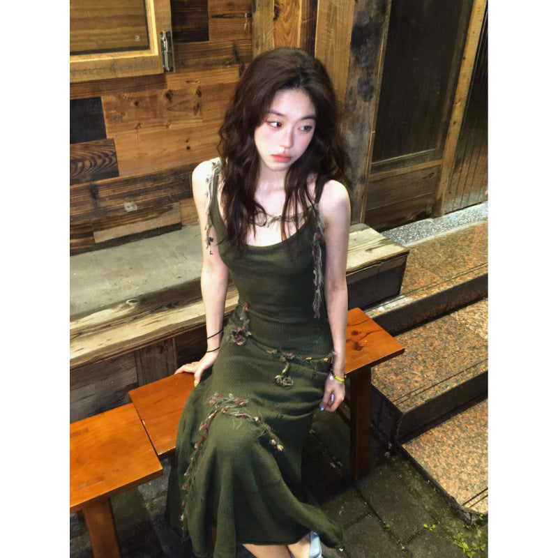 Pphmm outfit inspo Spring and Autumn Retro Green Knitted Sling Dress Women's Hot Girl Style Tight Waist Outer Wear Ripped Sheath Long Skirt