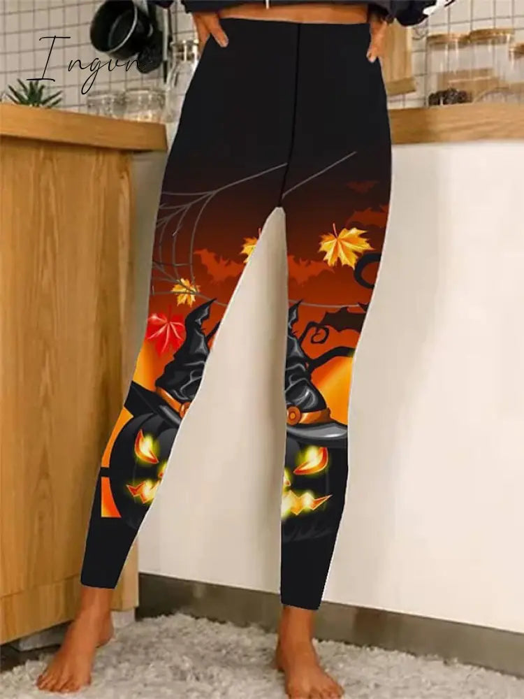 Ingvn - Women's Tights Leggings Full Length Print Micro-elastic Mid Waist Fashion Halloween Weekend Black White S M Summer Spring &  Fall