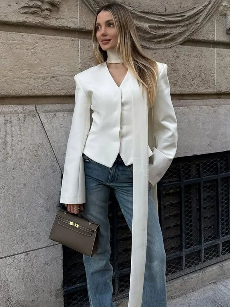 Elegant Female Striped Suit Coat For Women Scarf Lace-Up Patchwork V-Neck Long Sleeve Luxury Outwear Female Jackets Coat