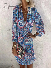 Ingvn - Women Fashion Floral Printed Summer Mid Length Dress Casual Long Sleeve Ladies A Line V Neck Office Street Holiday Dresses