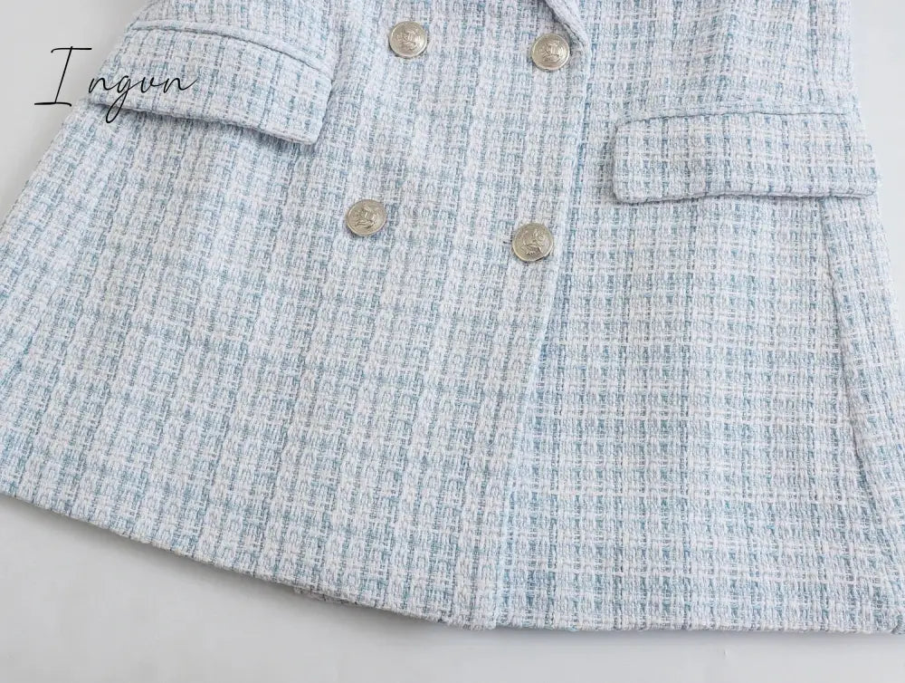 Ingvn - Fashion Casual Double Breasted Tweed Women Blazer Coat New Long Spring Autumn Jackets Coats Female Chic Office Lady Tops