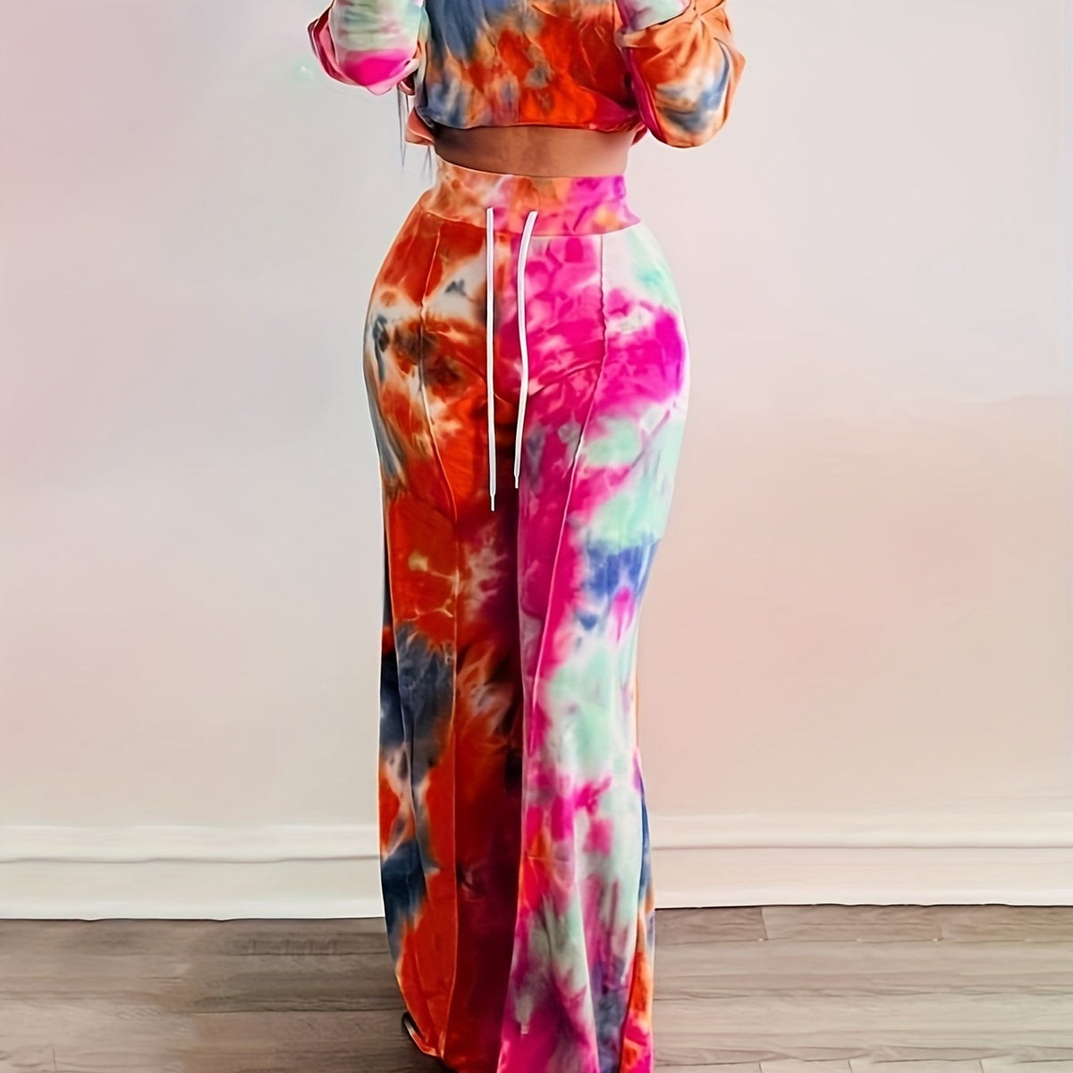 Two-piece Set, Long Sleeve Crop Top & Drawstring Wide Leg Pants Outfits, Casual Tie Dye Women's Clothing