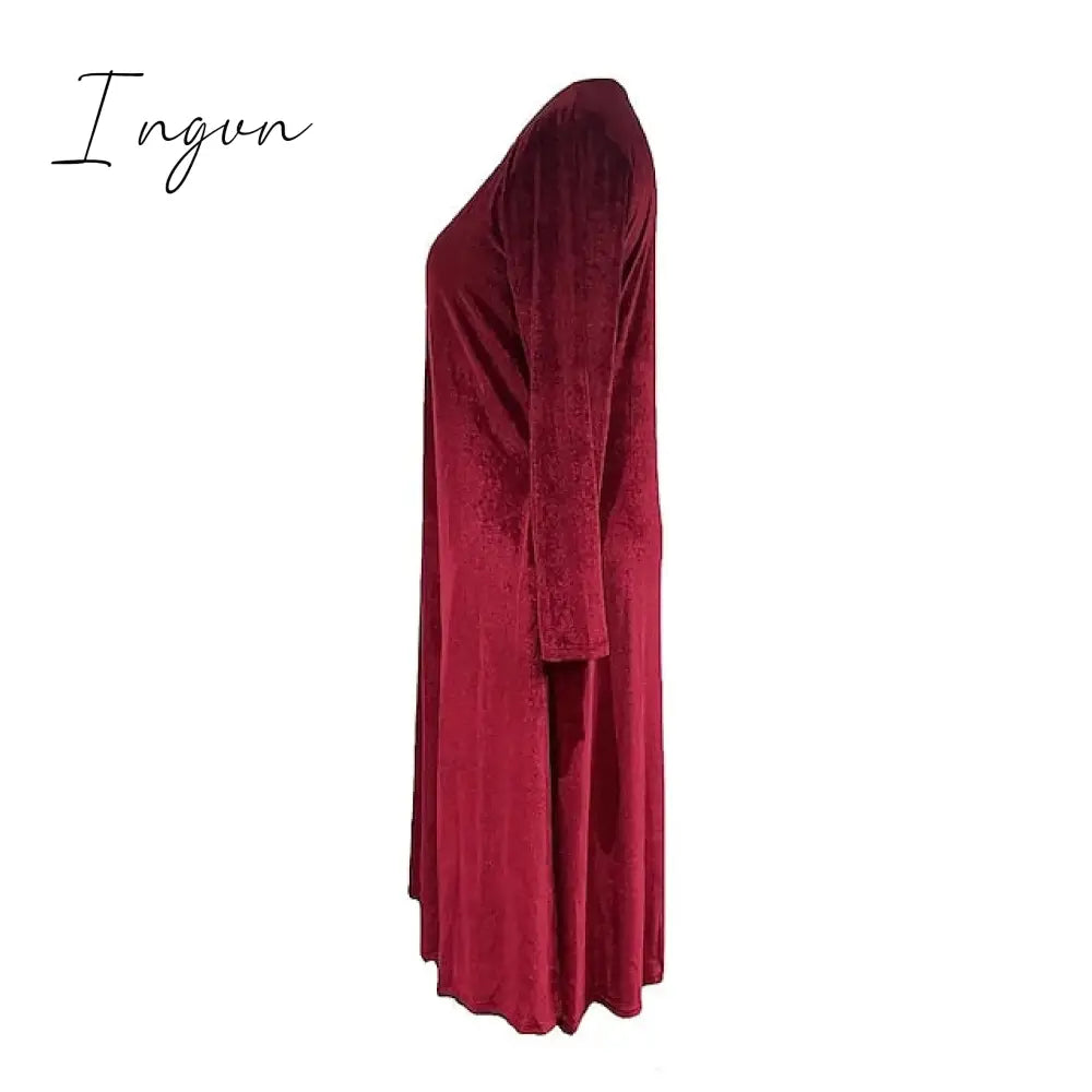 Ingvn - Women‘s Velvet Dress Shift Dress Caftan Dress Long Dress Maxi Dress Green Black Purple Long Sleeve Pure Color Pocket Winter Fall Spring Crew Neck Mature Winter Dress Daily Vacation 2023