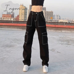 Ingvn - Weekeep Pockets Patchwork Baggy Jeans Fashion Streetwear 100% Cotton Women Denim Trouser Loose Cargo Pants Korean Jeans Harajuku