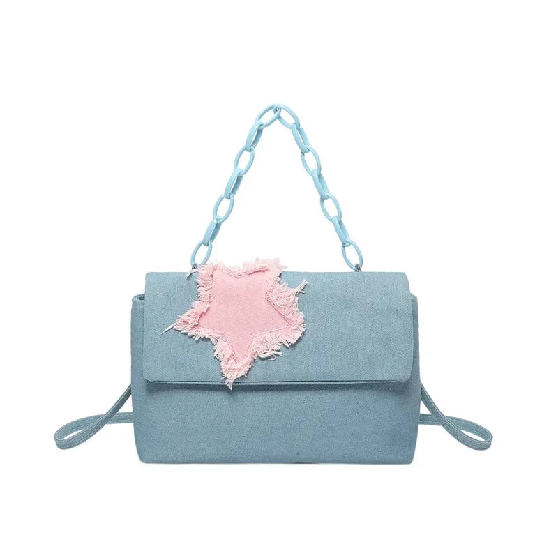 Ingvn  Sweet Pink Star Women's Denim Shoulder Bag Chain Handle Ladies Clutch Crossbody Bags Simple Hot Girls Square Tote Purse Handbags