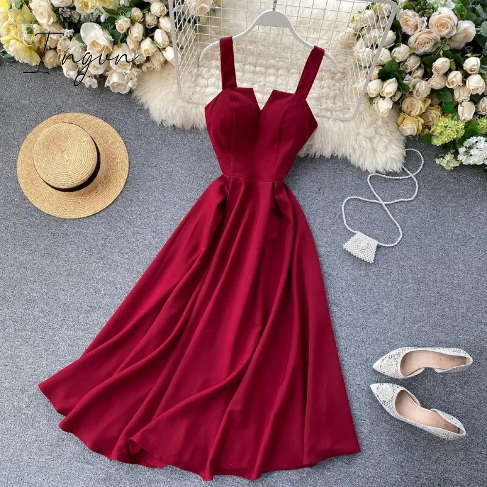 Ingvn - New Women V-neck Party Dress Summer Retro Solid Color High Waist Long Robe Ladies Slim Backless Bodycon Dress Vestidos