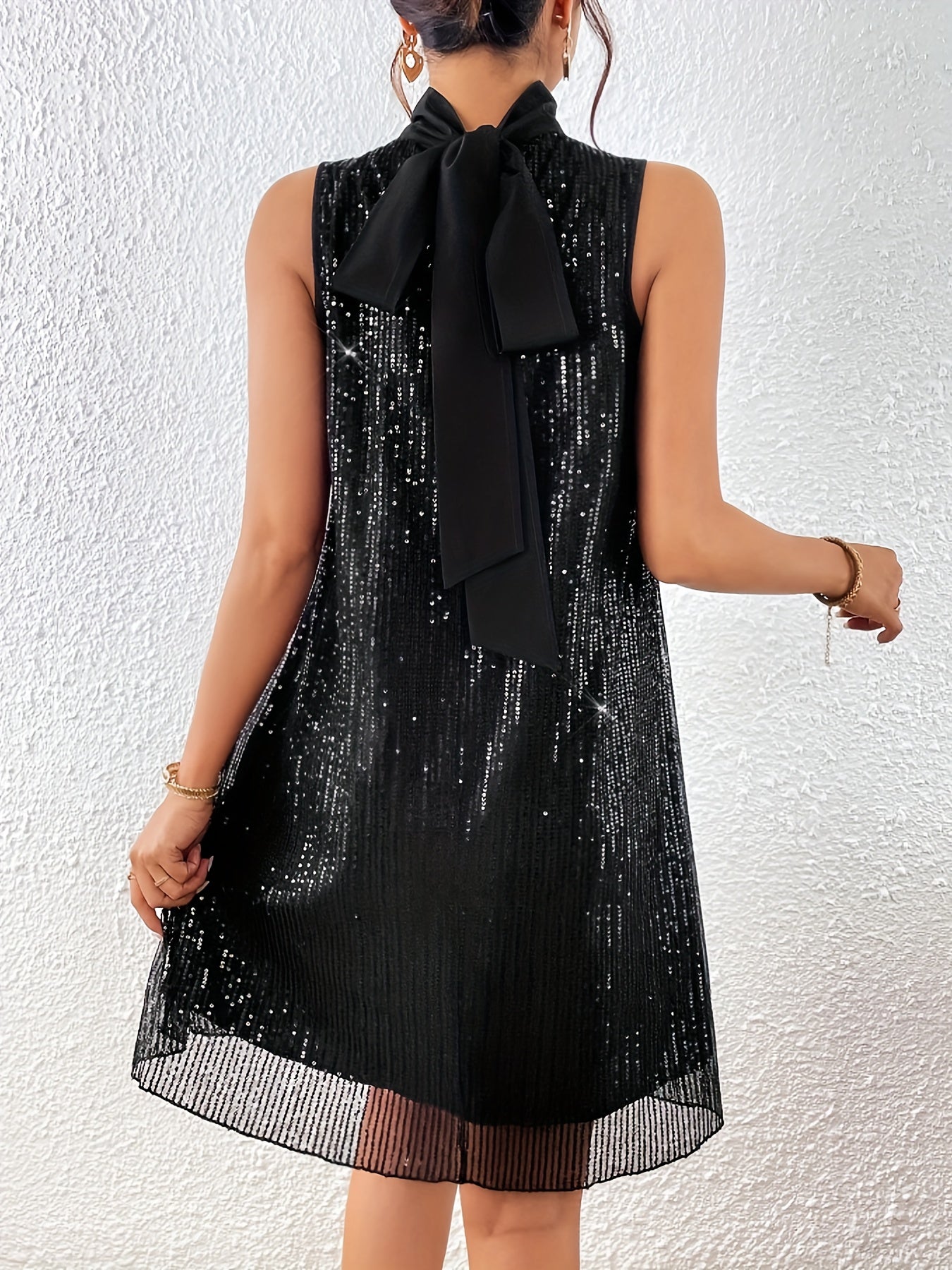 Sequin High Neck Dress, Elegant Bow Knot Back Tank Dress, Women's Clothing