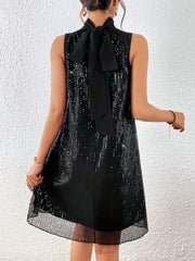Sequin High Neck Dress, Elegant Bow Knot Back Tank Dress, Women's Clothing