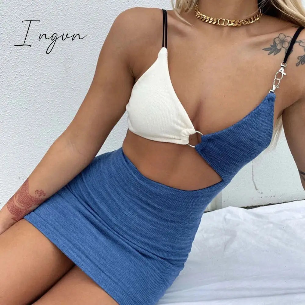 Ingvn - Spaghetti Strap Drawstring Ruched Cut-Out Sexy Backless Mini Dress for Women Club Party Sleeveless Dresses Bodycon