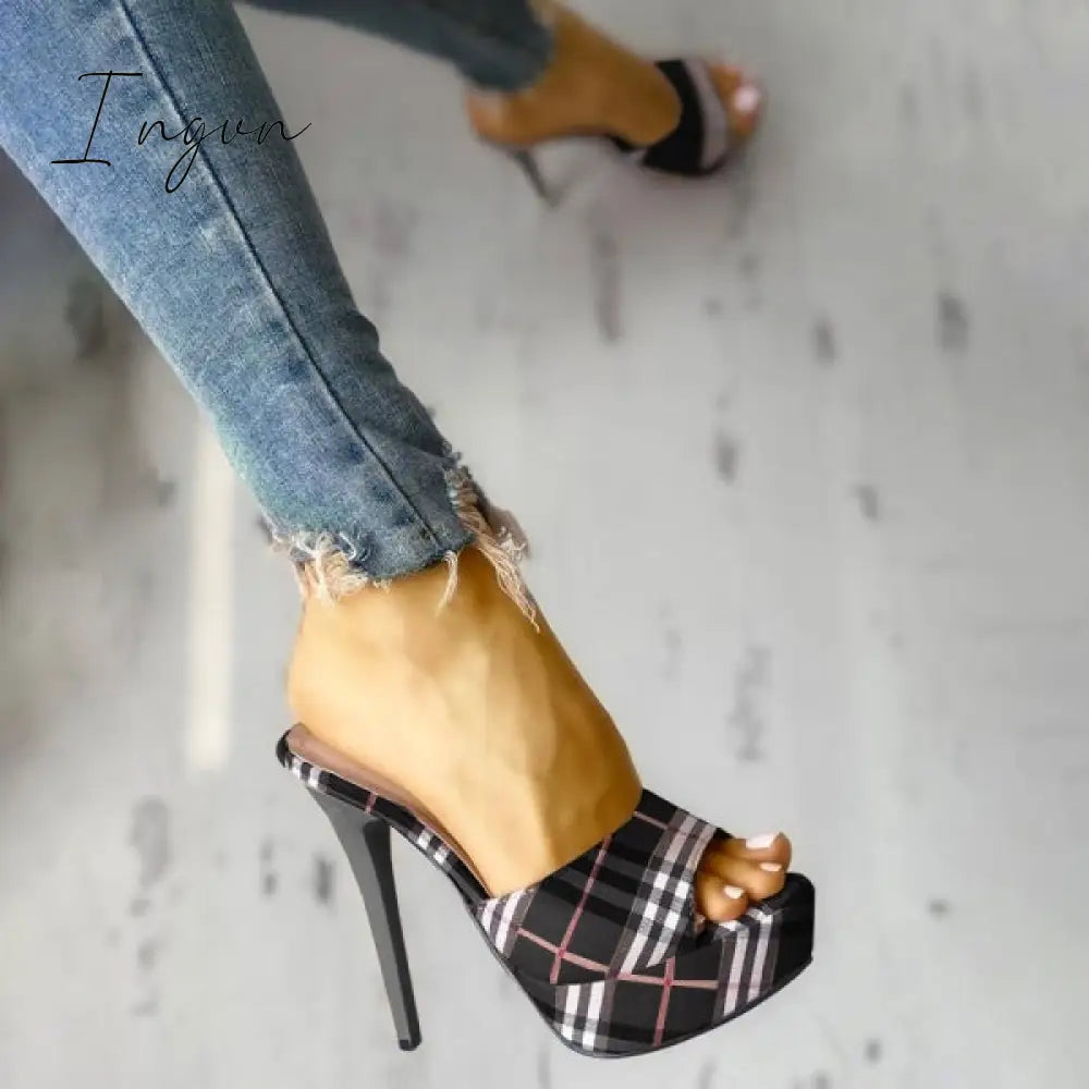 Ingvn - Women's Peep Toe Plaid Slip-on Stilettos Thin Heels