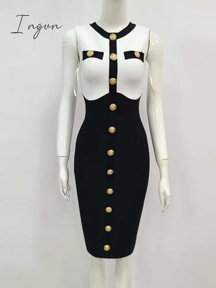Ingvn - Bandage Dress Women Luxury Sexy Sleeveless Patchwork Button White Bodycon Designer Elegant Evening Party Dress Vestidos