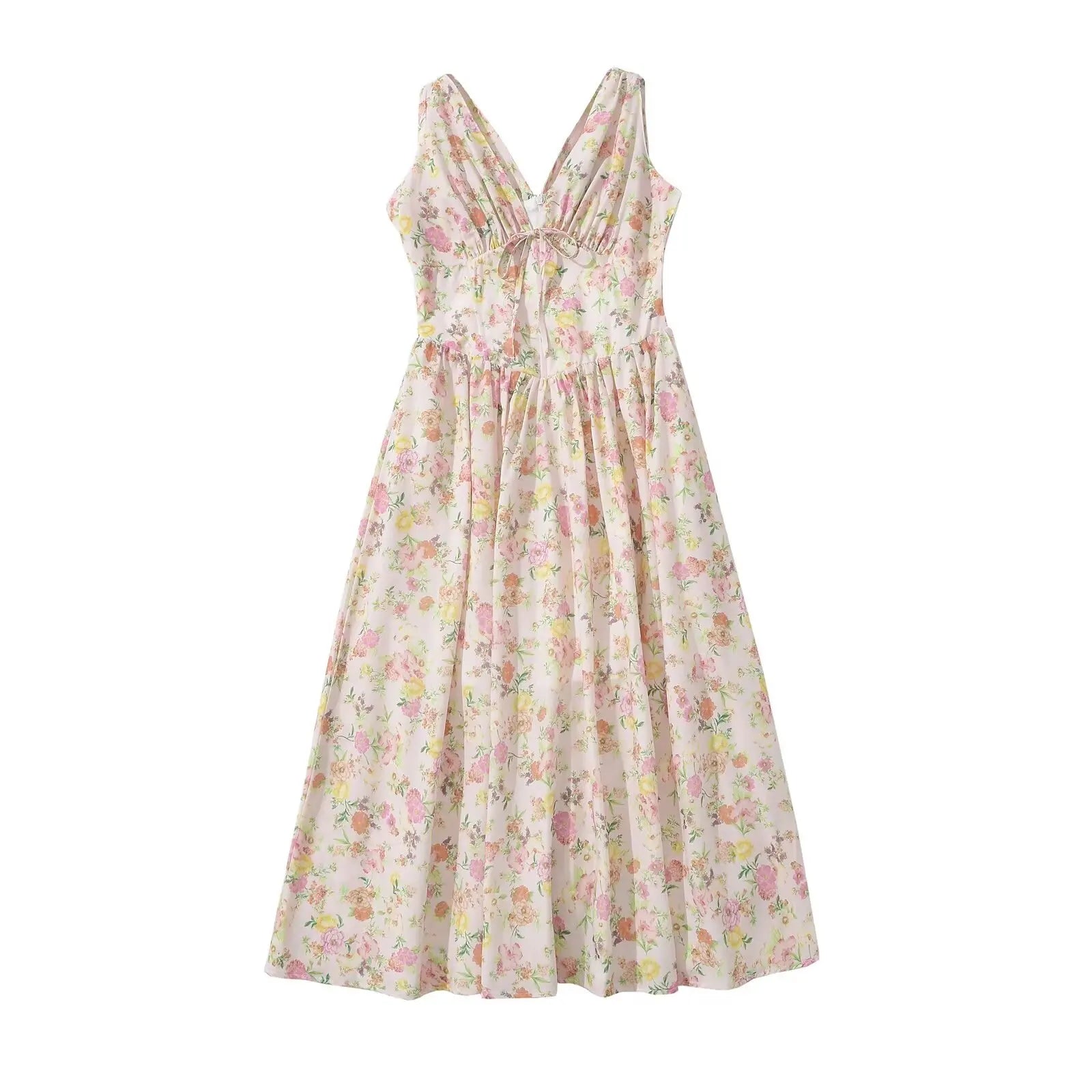 New Women Bow V Neck Floral Print Tank Summer Dress Sexy Sleeveless High Waist Elegant Holiday Party Dresses Midi Robe