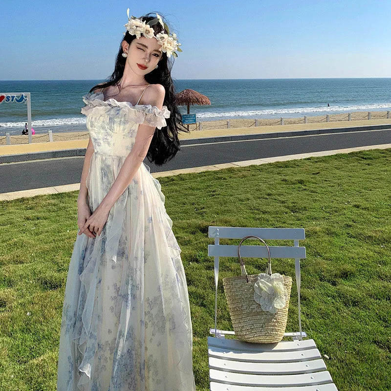Summer Vintage Beach Holiday Print Ruffles Long Dresses for Women French Elegant Party Sleeveless Female Clothing Boho Robe