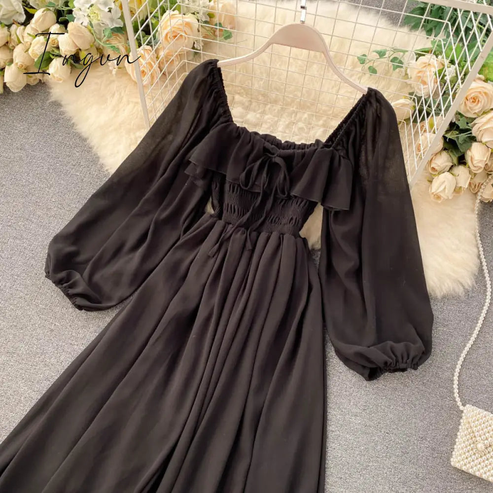 Ingvn - Woherb Chic Elegant Square Collar Maxi Dress Women Solid Chiffon Puff Sleeve Dresses Korean Fashion Vintage Ruffle Vestidos