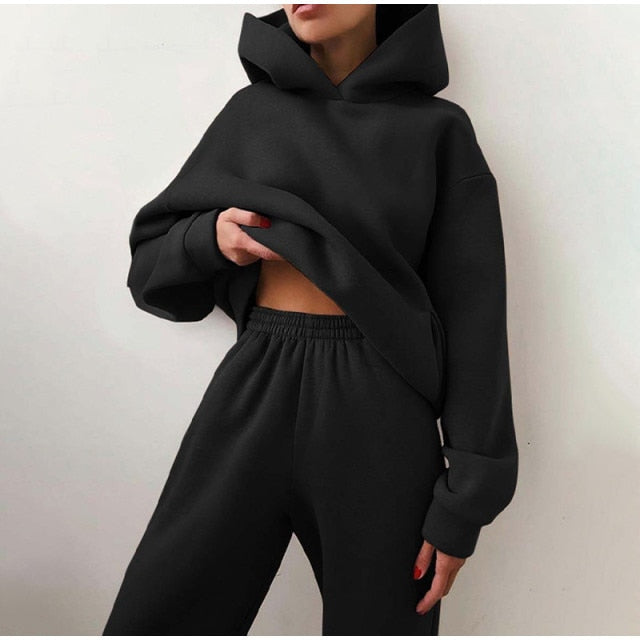 Women's Tracksuit Autumn Plus Fleece Sweatshirts Two Piece Set Casual Oversized Solid Female Sports Hoodie Suit Long Pant Sets