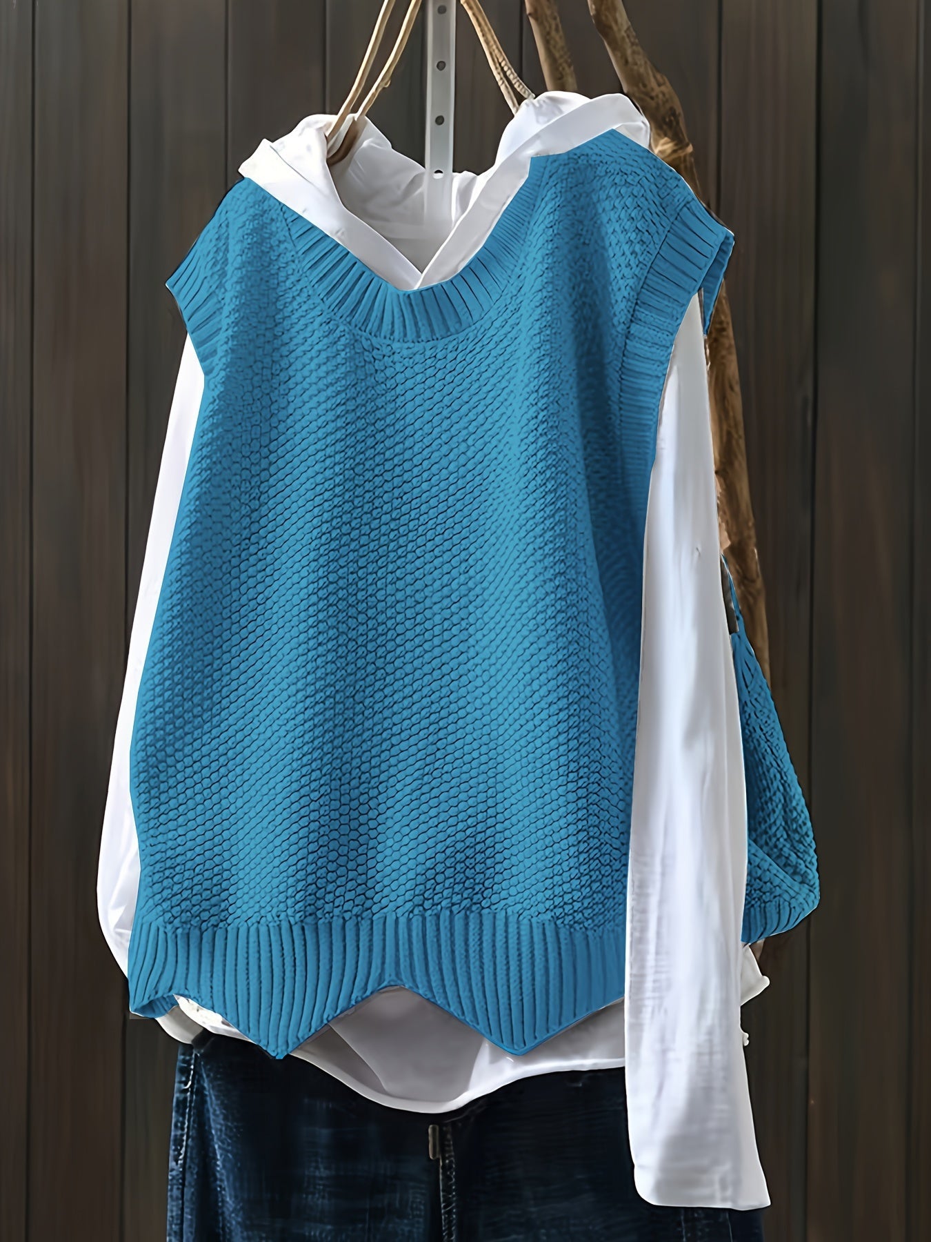 Solid Crew Neck Knitted Vest, Casual Sleeveless Loose Sweater, Women's Clothing