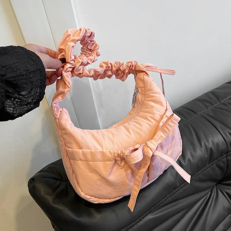 Ingvn  Popular Preppy Style Nylon Bow Hobo Bag Women Cute Pretty Pleated Shoulder Crossbody Bag Drawstring Exquisite Shoulder Bag