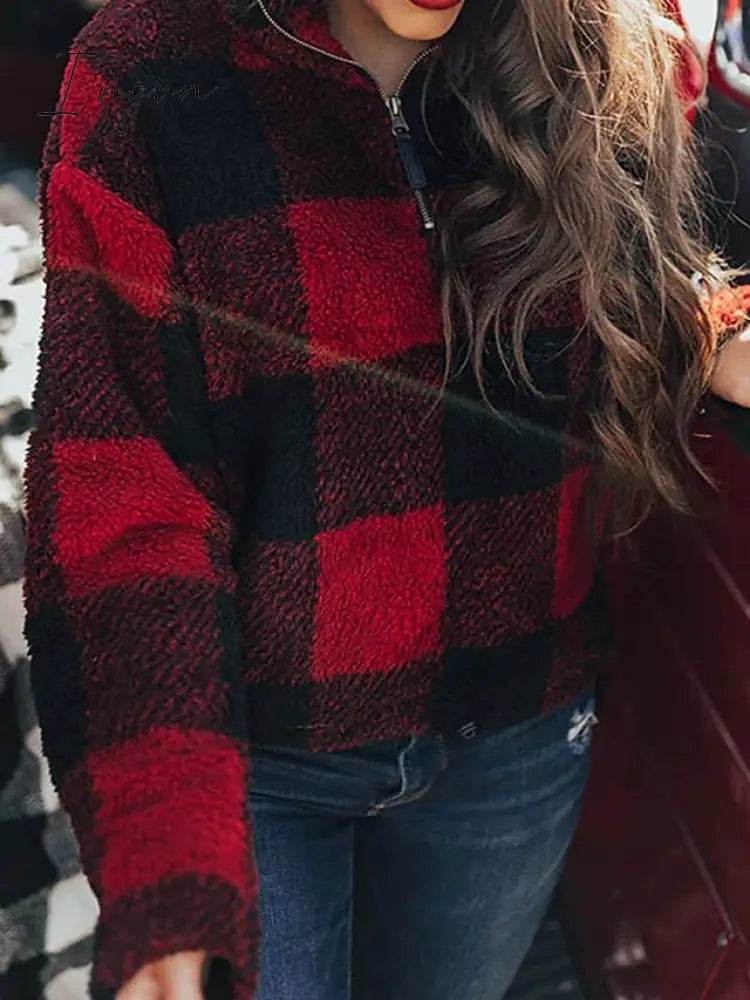 Ingvn - Women's Sweatshirt Pullover Fuzzy Teddy Quarter Zip Red Khaki Plaid Casual V Neck Long Sleeve Fleece Top Micro-elastic Fall & Winter