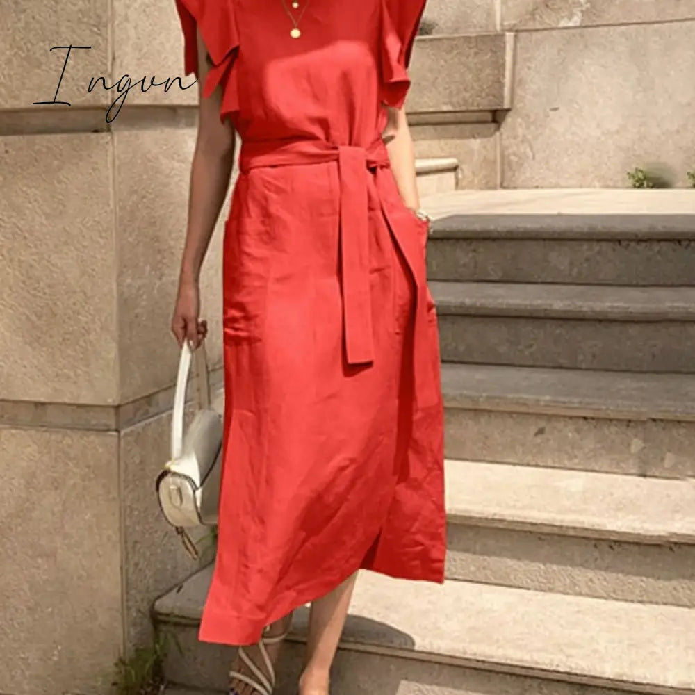 Ingvn - Sexy Sleeveless Summer Dress Sexy Ruffle Maxi Long Dress With Belt Women Bohemian Sundress Party Vestido Autumn Robe