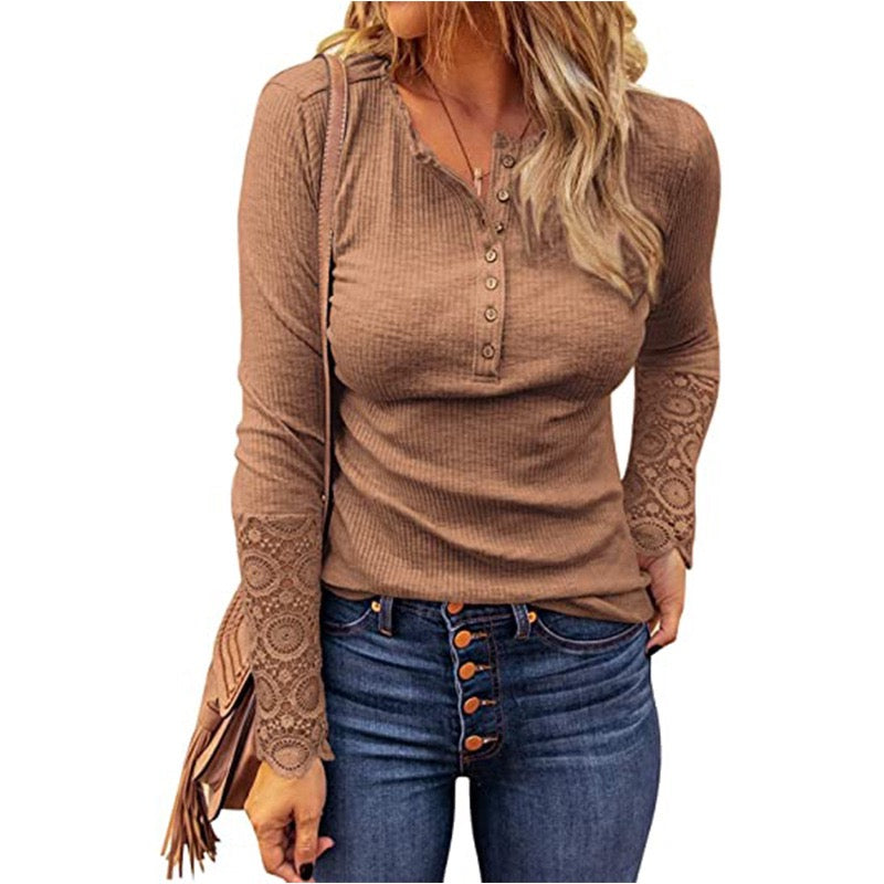 Voguable Lace Splicing Top Long Sleeve T Shirt Woman Button Slim Tops Tee Autumn Spring Patchwork Sleeve T-shirt Women Sexy Streetwear