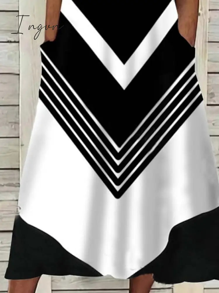 Ingvn - Women's Casual Dress Shift Dress Midi Dress Black and white stripes Green Dark Blue Half Sleeve Color Block Button Summer Spring V Neck Basic Vacation 2023 S M L XL XXL 3XL