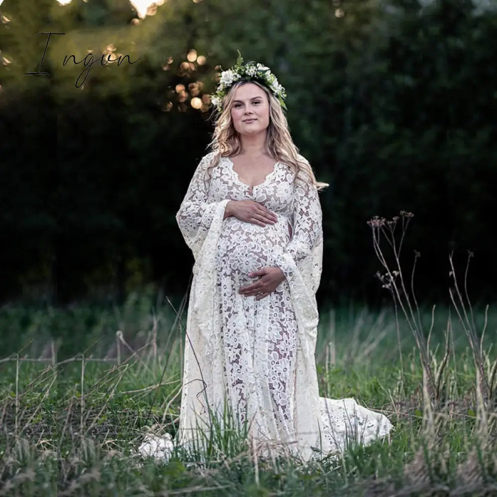 Ingvn - Boho Style Lace Maternity Dress For Photography Maternity Photography Outfit Maxi Gown Pregnancy Women Lace Long Dress