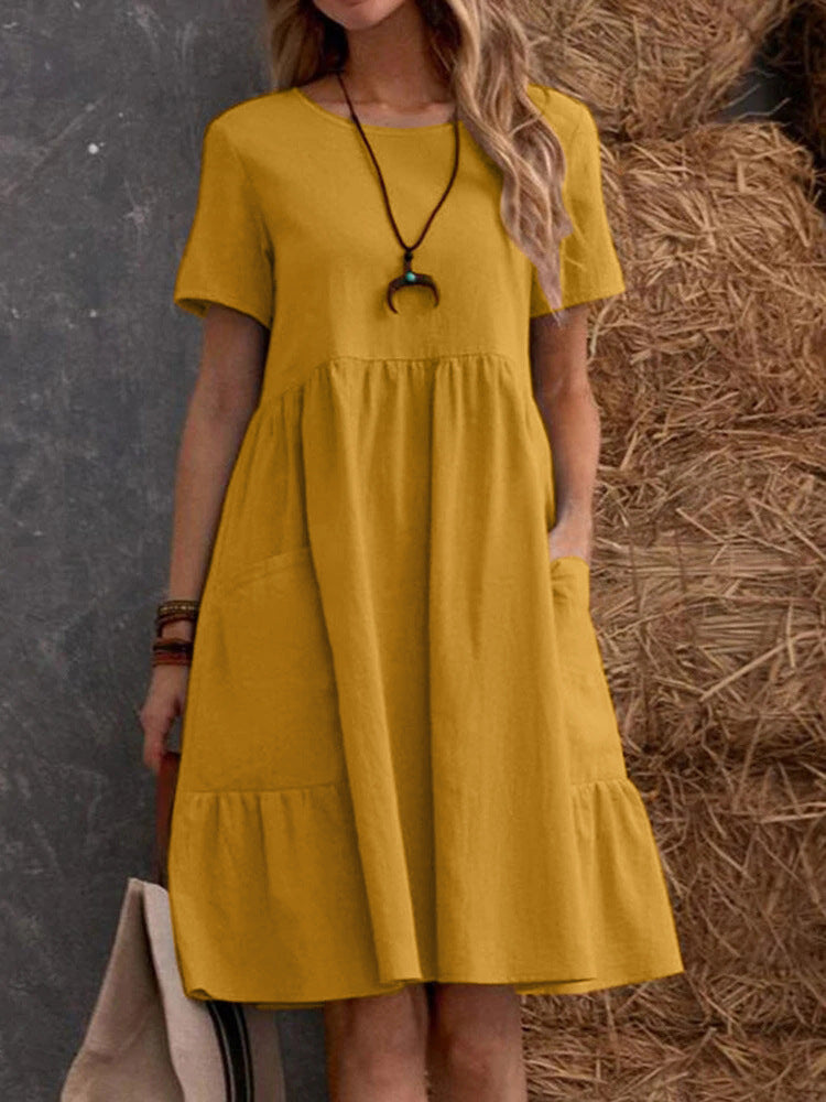 Summer European and American  Station Retro Loose Pocket Solid Color Crewneck Women's Cotton and Linen dress