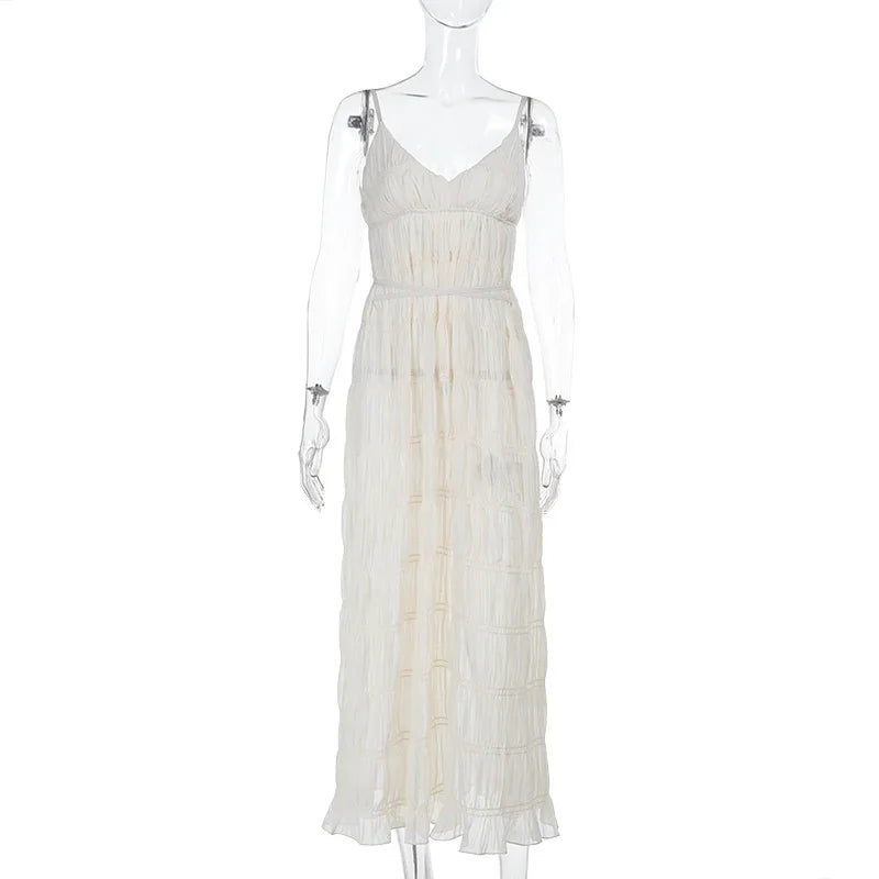 Summer See Through Dresses V-Neck Sleeveless High Waist Patchwork Spaghetti Backless Party Dress Women 2025 Beachwear Maxi Dress