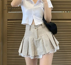Ingvn - Sweetown Korean Fashion Khaki Short Skirt Lace Trim Cute Pleated Skirts Womens Preppy Style Button Up High Waist Summer Skirt