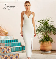 Ingvn - RO New Summer Women White Bodycon Bandage Sexy V Neck Spaghetti Strap Club Celebrity Evening Runway Party Long Dresses For Women