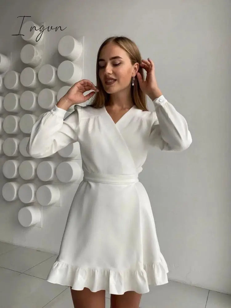 Ingvn - Casual Ruffle Mini Dress Ladies Elegant Long Sleeve V-Neck Party Dress New Fashion Solid Sweet Spring Dresses Women Clothes