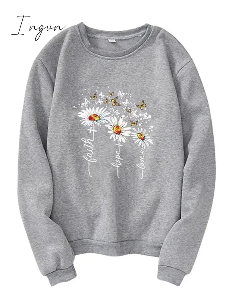 Ingvn - Women's Sweatshirt Pullover Basic Black Yellow Pink Floral Butterfly Street Round Neck Long Sleeve Top Micro-elastic Fall & Winter