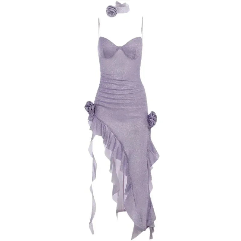 Elegant Summer New Style Women's Dress Slim Fit with Slit V-Neck Sleeveless Ankle-Length Regular Waist Line Floral Sash
