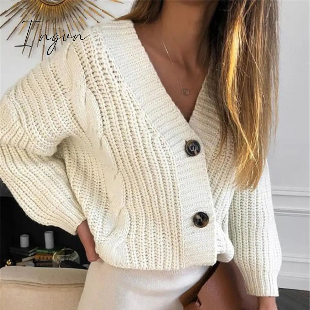 Ingvn - Women Short Cardigan Knitted Sweater Autumn Winter Long Sleeve V neck Jumper Cardigans Casual Streetwear Fashion Pull Femme Coat