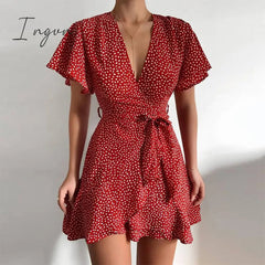 Ingvn - Summer Women Dress Butterfly Sleeve Polka Dot Floral Print V Neck High Waist Sashes Dress Vintage Female Mini Red Vestidos