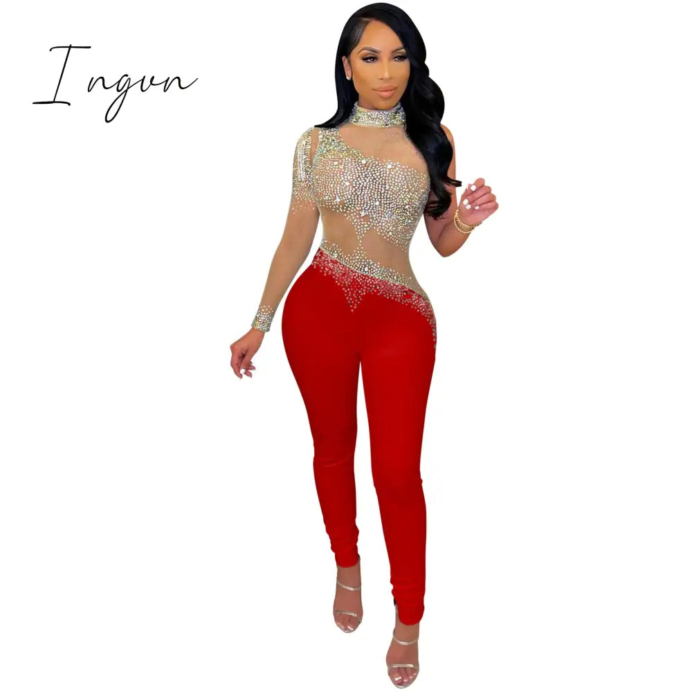 Ingvn - Sheer Mesh Diamonds Sequined Pearls High Split Long Dress For Women Straps Bodycon Long Vestidos Night Party Rhinestone Outfits
