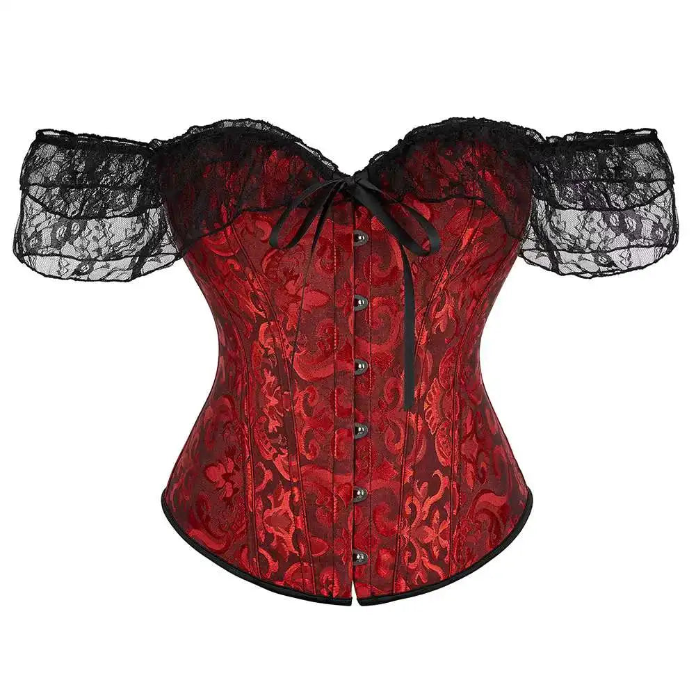 Voguable Womens Bustier Overbust Corselet Lace Up Short Sleeve Sheer Corset Bluse Costume Crop Top
