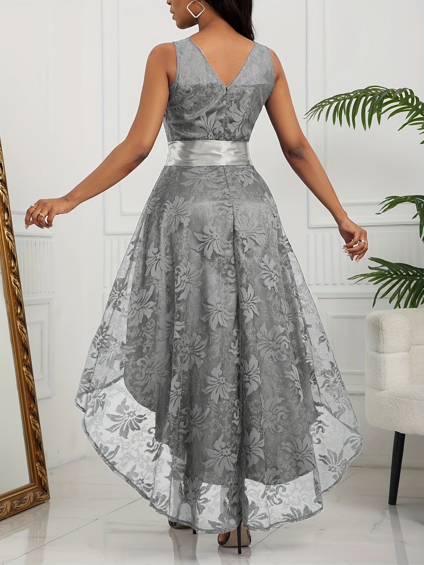 Lace High Low Hem A-line Dress, Elegant Sleeveless Tie Waist Dress For Party & Banquet, Women's Clothing For Party Dressing