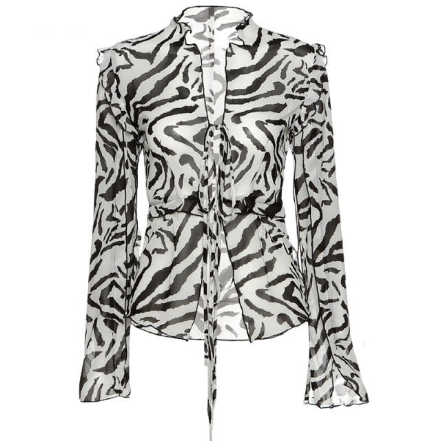 sexy deep V-neck Lace up beach club Top Women Mesh See Through Long Sleeve Solid T Shirt Fashion Ruffles Summer tee mujer