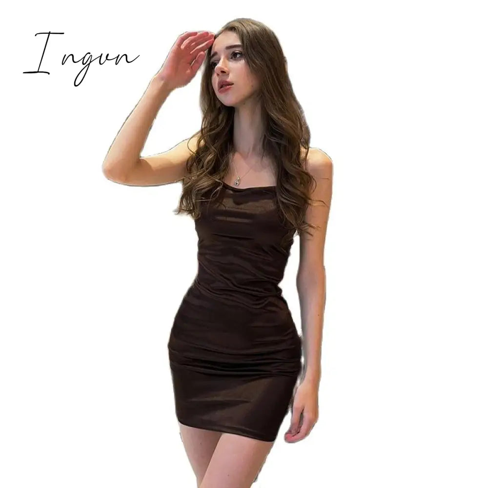 Ingvn - European-American Women's Clothing 2023 Spring New Coffee Satin One-Line Neck Sexy Open Backpack Hip Dress