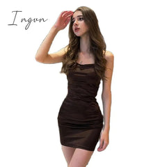 Ingvn - European-American Women's Clothing 2023 Spring New Coffee Satin One-Line Neck Sexy Open Backpack Hip Dress
