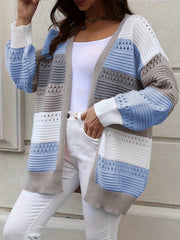 Plus Size Casual Cardigan, Women's Plus Colorblock Hollow Out Long Sleeve Open Front Cardigan