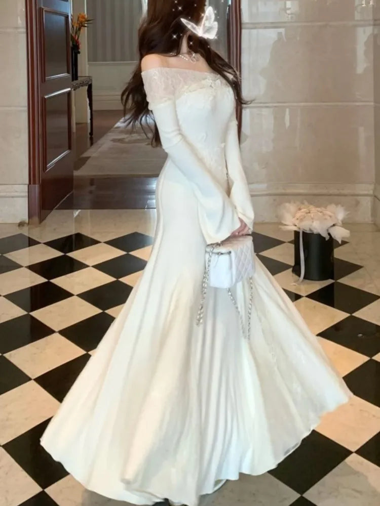 Elegant Solid Mermaid Long Dress for Women Autumn Chic Off Shoulder Flare Sleeve Bodycon Vestidos Vintage Evening Party Robe New