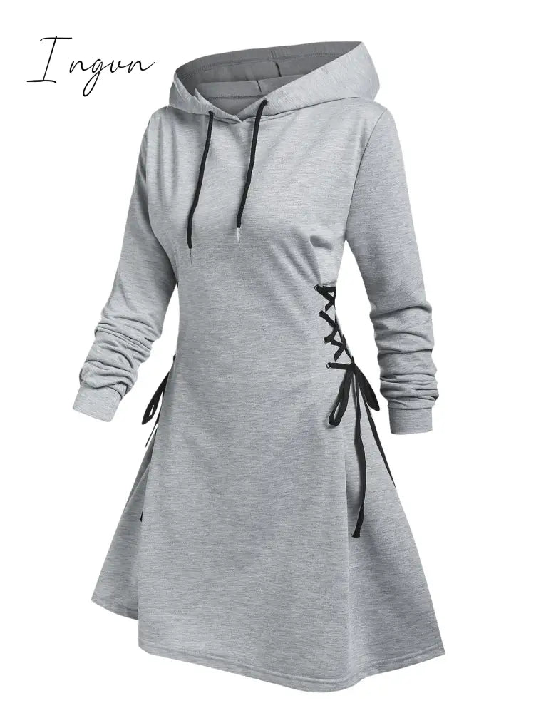 Ingvn - Casual Women Long Sleeve Autumn Dress Drawstring Lace Up Mini Hoodie Dress Vestidos Femme Gothic Fashion Dress Streetwear
