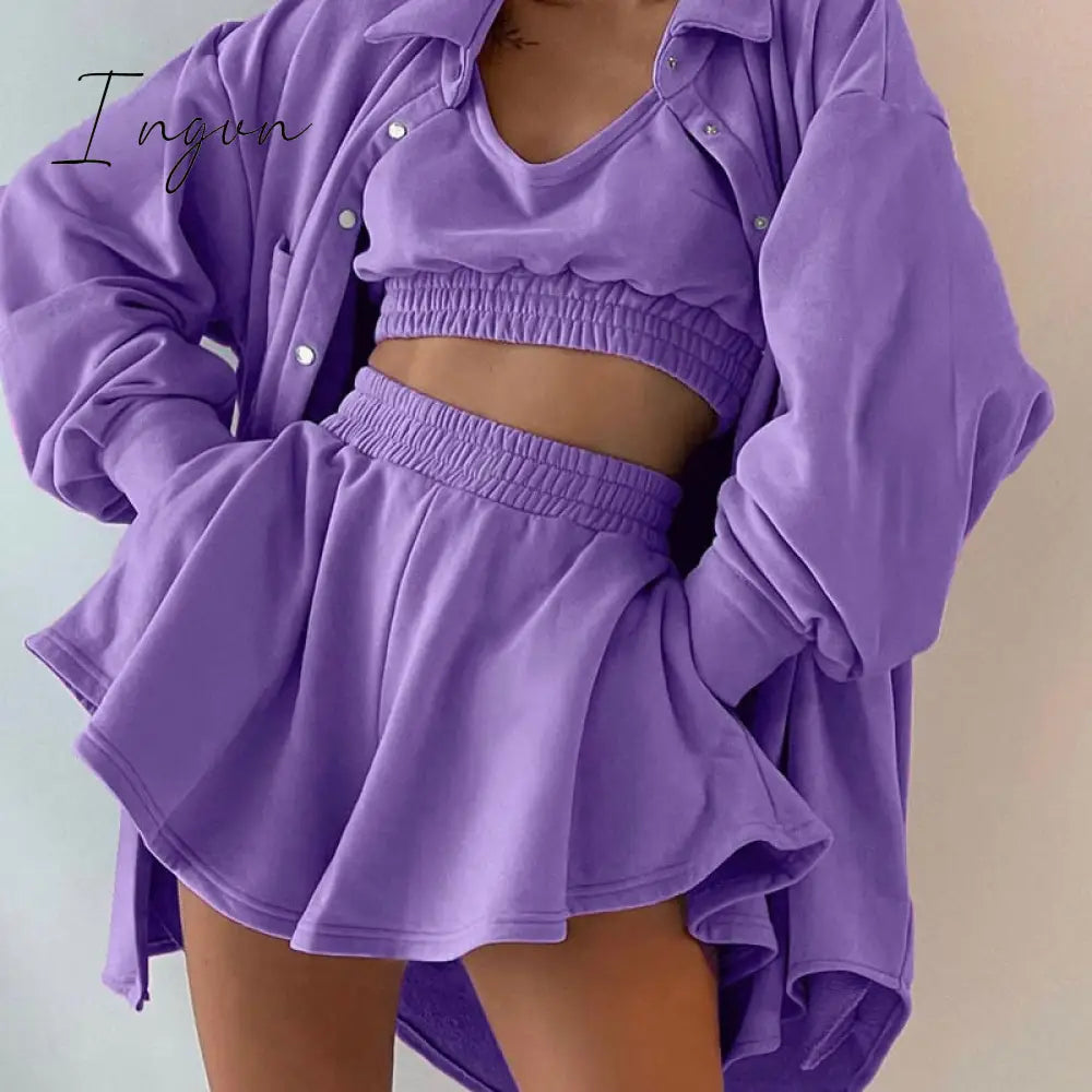 Ingvn - Tracksuit Three Piece Set Women Oversize Hoodies Sweatshirt Sweatpants Joggers Short Pant Suits Femme Outfits Sweatsuit