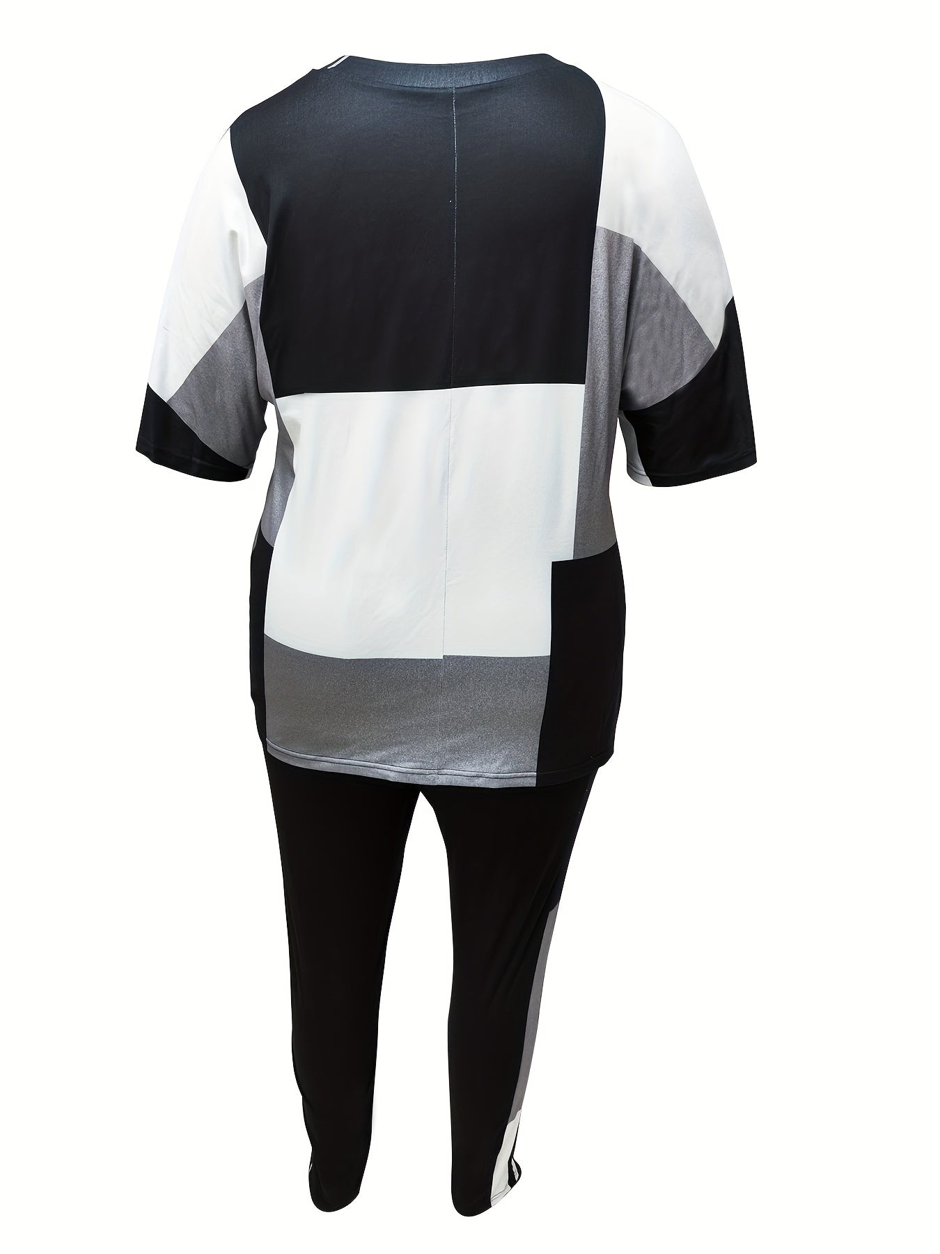 Plus Size Casual Outfits Set, Women's Plus Colorblock Geometric Print Long Sleeve Round Neck Top & Pants With Pockets Outfits 2 Piece Set