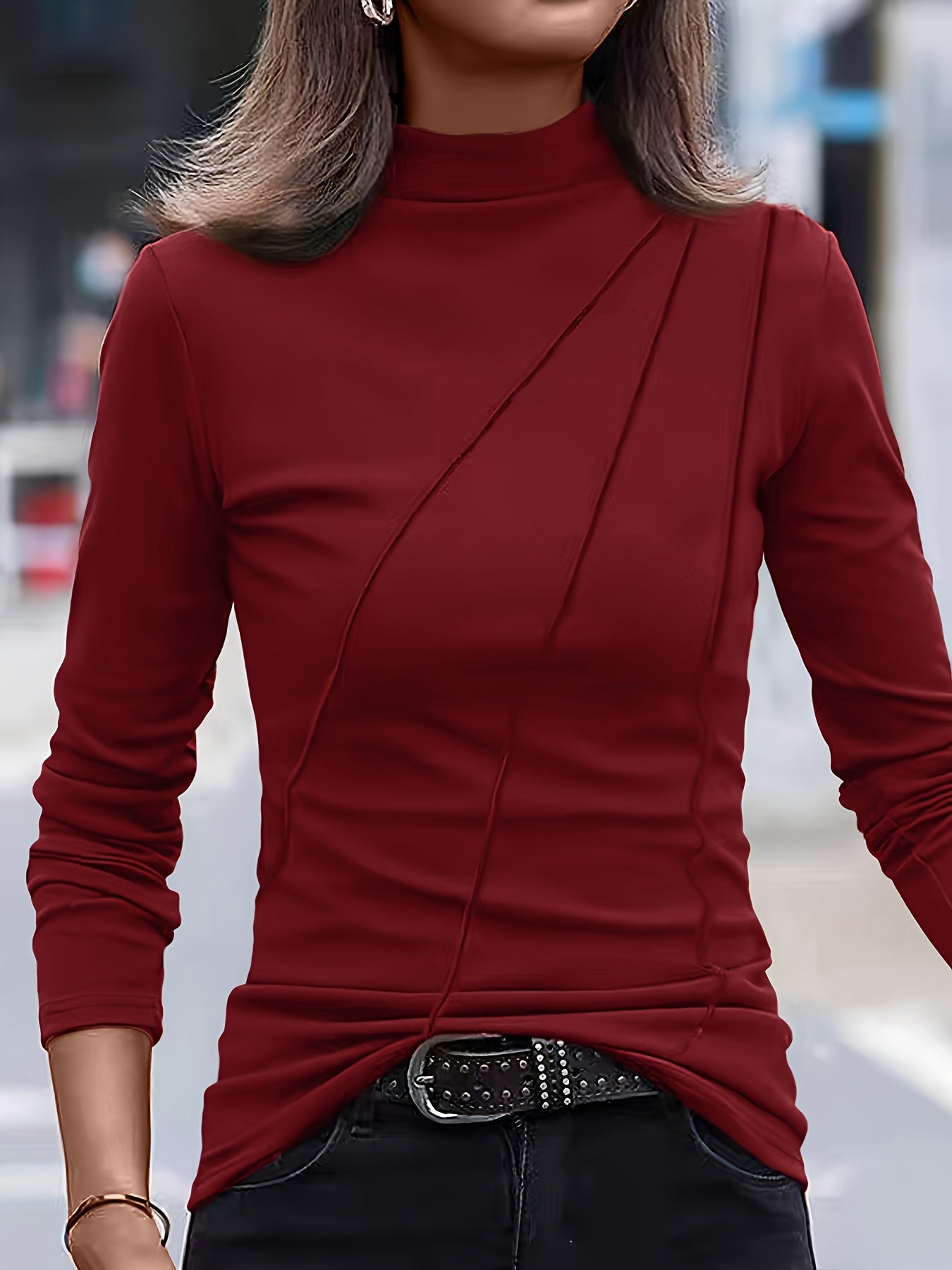 High Neck Slim Fit Polyester Turtleneck Top - Soft, Stretchy, and Breathable for All Seasons - Machine Washable, Casual Long Sleeve Shirt for Women