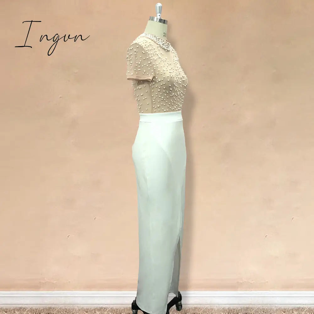 Ingvn - Women Sexy Dress Transparent Tulle with Bead Tops Patchwork Slit Party Dresses Short Sleeves Female Summer Night Date Out